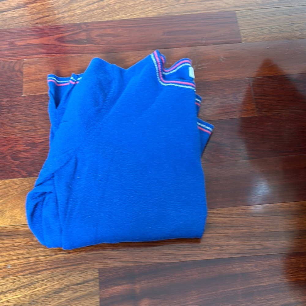 Blue Sweater with Striped Trim